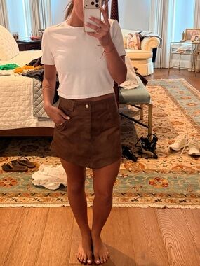 Brown Faux leather  Mini Skirt - Classic A-Line